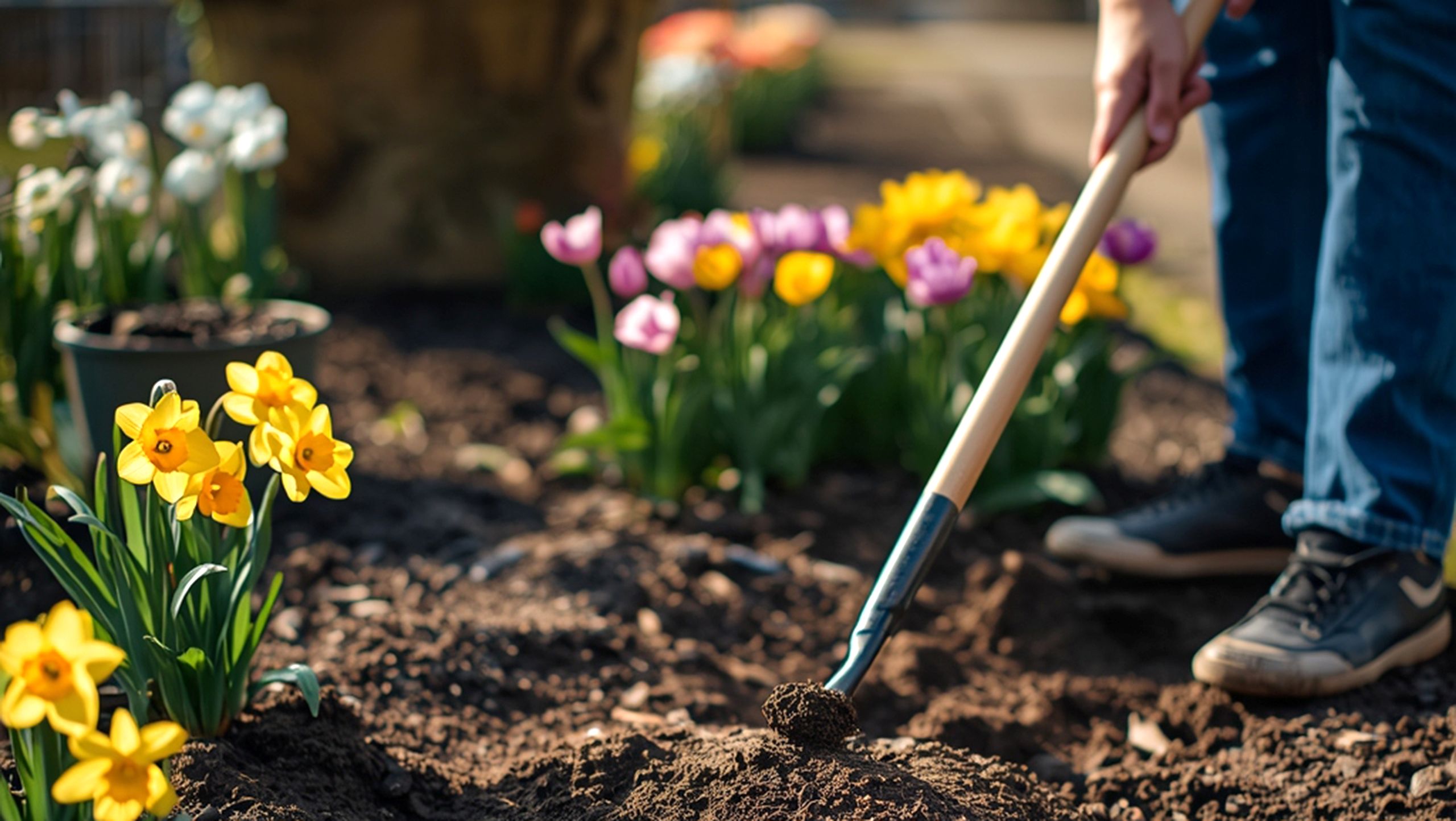 Start in die Pflanzsaison im März Beetvorbereitung im Frühling mit Narzissen und Tulpen im Garten