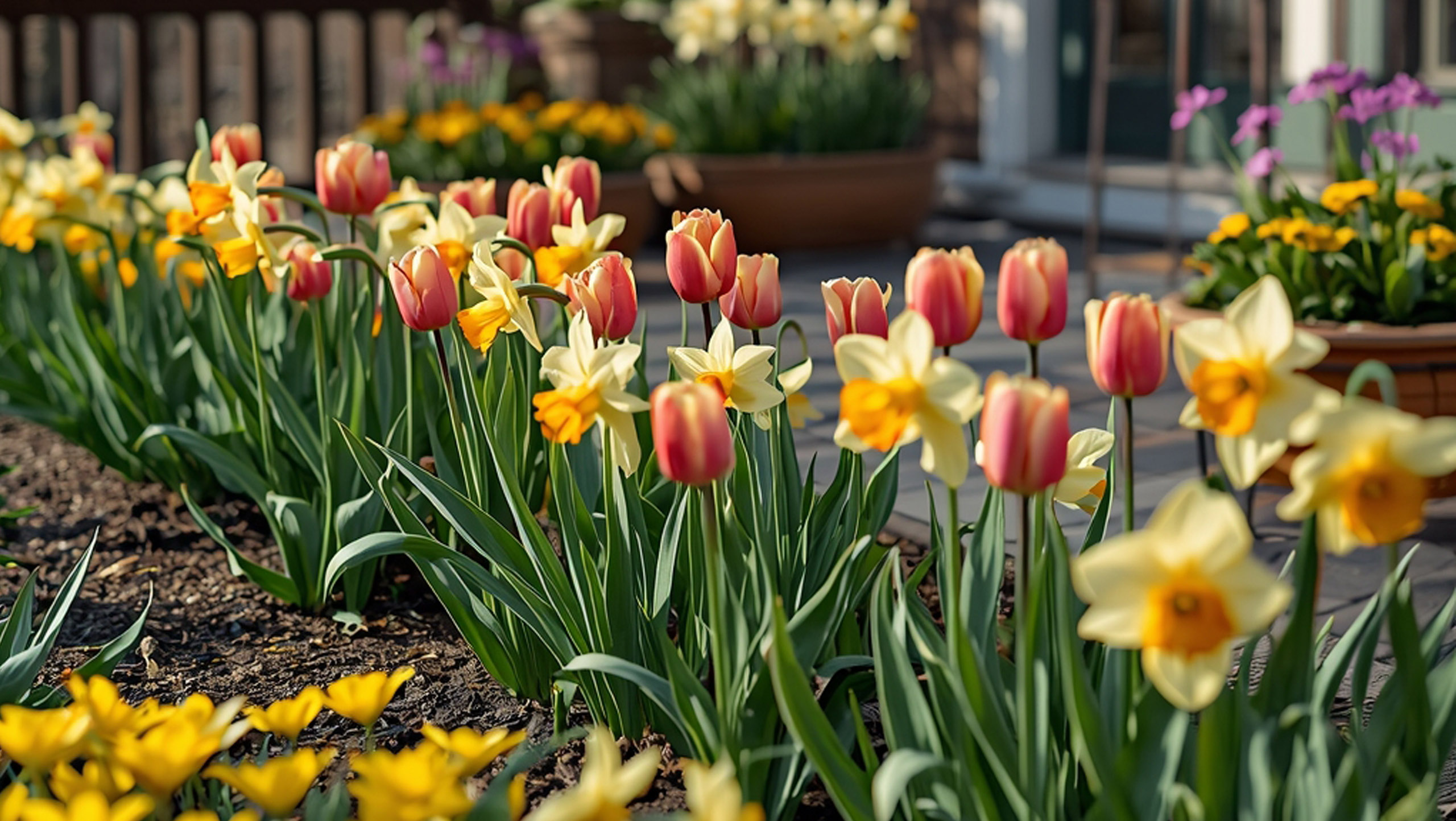 Fruehlingsblumen Beetvorbereitung im Frühling mit Narzissen und Tulpen im Garten