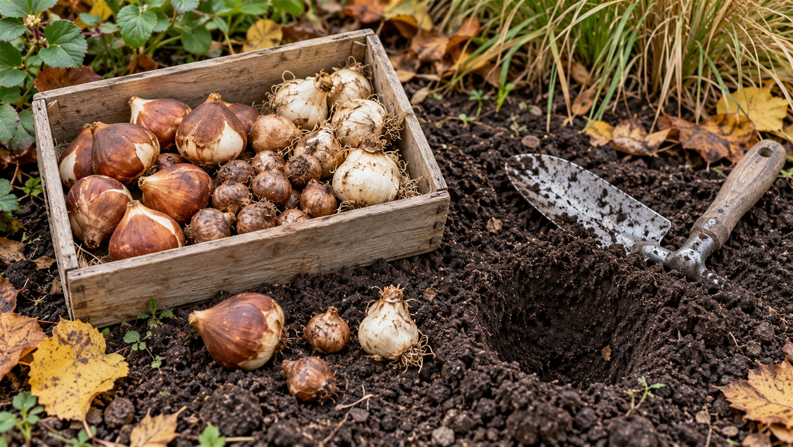 Blumenzwiebeln im Herbst pflanzen Blumenzwiebeln in einer verwitterten Holzkiste neben einer Pflanzschaufel auf lockerer Gartenerde mit Herbstlaub.