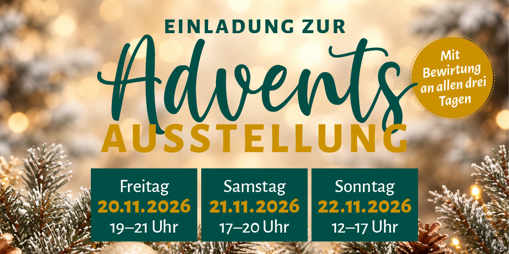 Einladung zur Adventsausstellung im BlumenGarten Marquardt: 20. November 2026, 19–21 Uhr; 21. November, 17–20 Uhr; 22. November, 12–17 Uhr. Mit Bewirtung an allen drei Tagen.